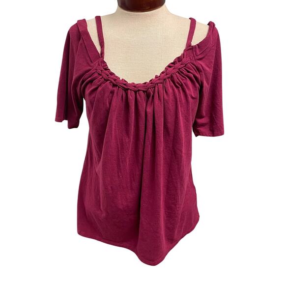 Boston Proper Womens Cold Shoulder Bamboo Top Braid Trim Casual Boho Medium - Picture 1 of 5